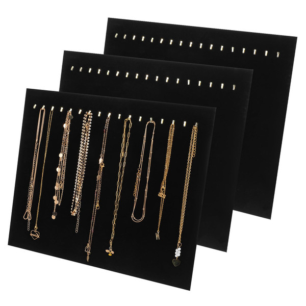 3 Pack Black Velvet Jewelry Display Stands – 17 Hook Necklace Organizer Boards for Boutique, Pop-Up Shops (15 x 12 x 4.5 Inches)