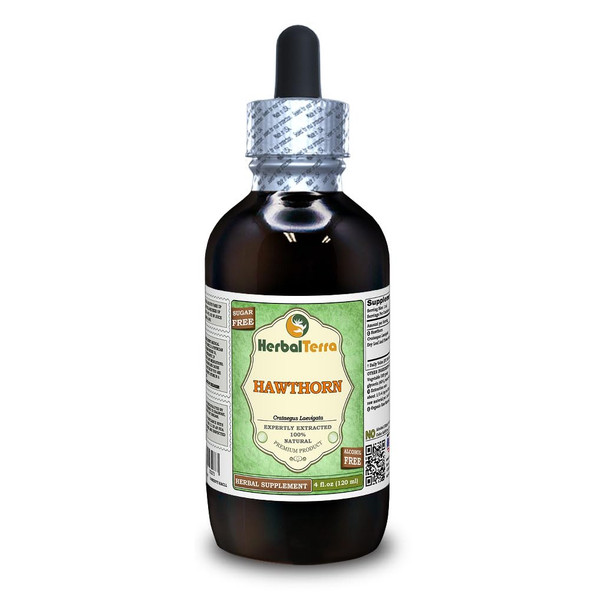 Hawthorn (Crataegus Laevigata) Glycerite, Organic Dried Leaves and Flowers Alcohol-Free Liquid Extract (Brand Name: HerbalTerra, Proudly Made in USA) 4 fl.oz (120 ml)