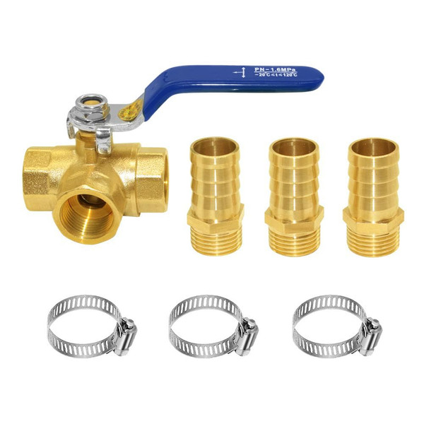 Joywayus 3 Way(T-Port) Shut Off 1/2"G Thread Ball Valve with 5/8" Hose Barb Brass Fitting One Switch