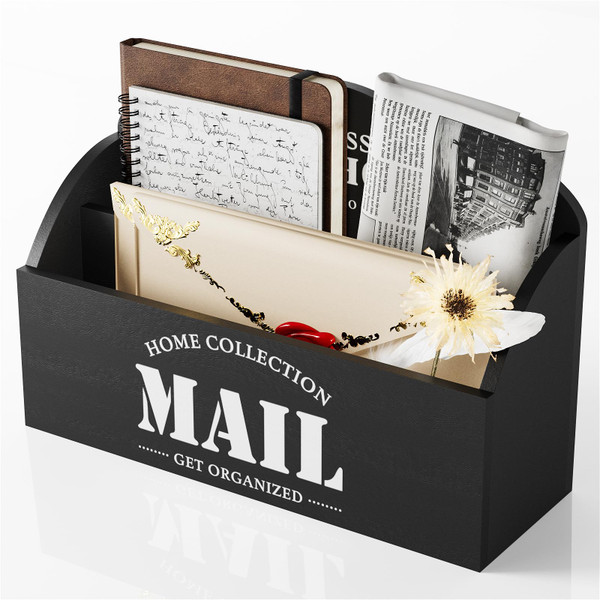 First-zgel Mail Organizer, Mail Holder with 2 Slots, Mail Basket for Wall Table Countertop, Wood Desk Mail Sorter Organizer,Bill Envelope Letter for Home Office (Black)