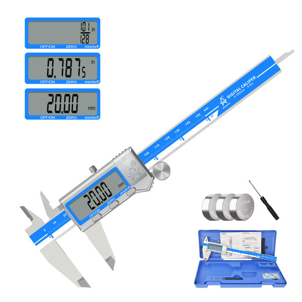 ACEMETER Digital Caliper 6 Inch Measuring Tool Stainless Steel Vernier Caliper Digital Micrometer with Large LCD Screen,Auto-Off Feature, Inch/Millimeter/Fraction Conversion Measuring Tool Caliper