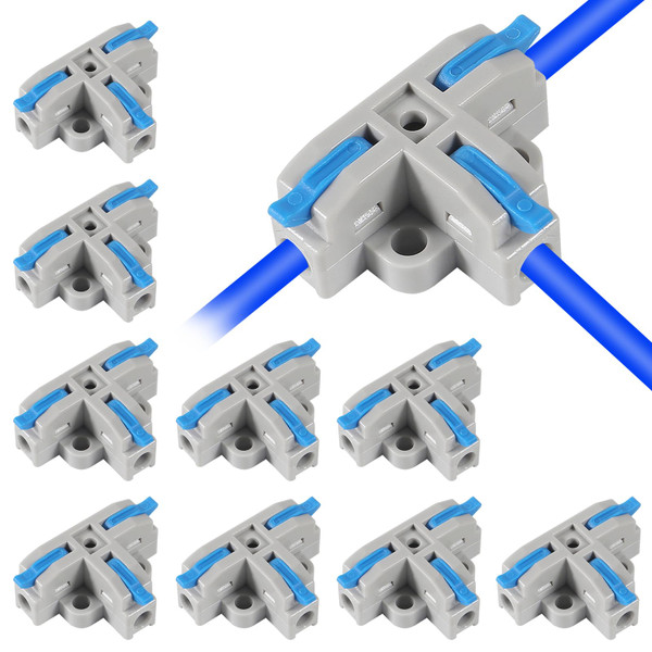10Pcs T-Shape Lever Nut Connector, Compact Wire Conductor Connector,Quick Splitter 3 Pin 1 Way Wire Connector Suitable for AWG 28-12 Solid Stranded Wire