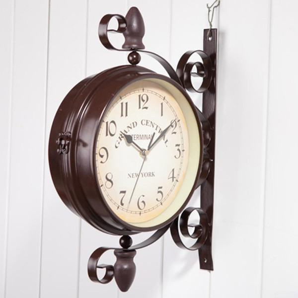 8" Antique Wrought Iron Wall Clock, Round Vintage Hanging Double-Sided Wall Clock With Wrought Iron Frame, Quartz Movement, For Living Room, Lobby, Porch, And Corridor