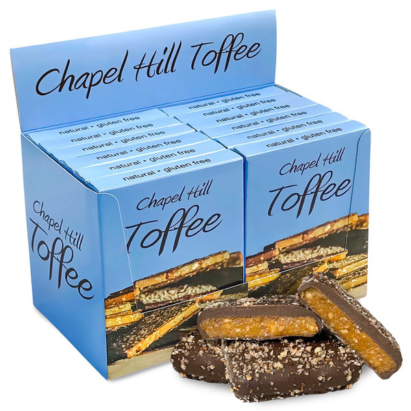 Chapel Hill Toffee, 4 Dark Chocolate Covered Pecan Toffee Squares Per Box, Traditional English Toffee, Gluten Free, Family Owned