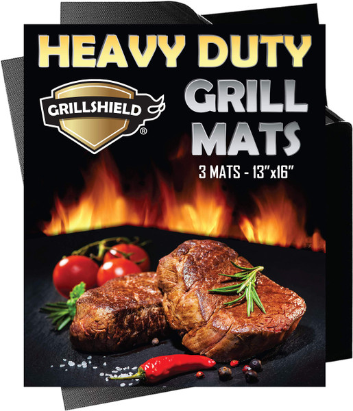 GrillShield - 3 Heavy Duty 600 Degree Grill and Bake Mats - 13 X 16 inches Non Stick Mats for BBQ Griddle Baking, Reusable and Easy to Clean