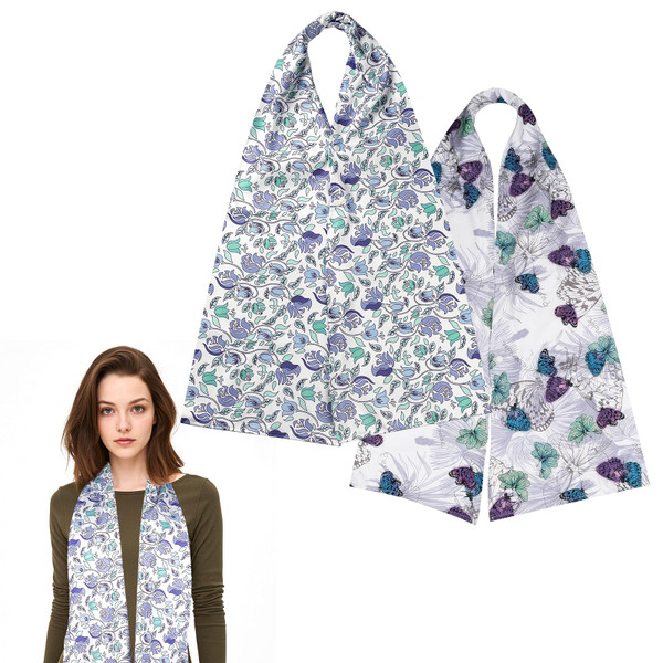 Gloserin 2 Pack Adult Bibs Scarf for Women,Reusable Adult Bibs for Eating with Optional Crumb Catcher, Waterproof Washable (Blue Flowers & Butterfly)