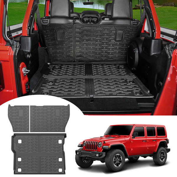 Utiiy Cargo Mat with Seat Back Cover Fit for 2018-2025 Jeep Wrangler JL 4 Door with Subwoofer Cargo Liner TPE Trunk Liner for Jeep Wrangler Accessories(Fit W/O FoldingLip, Cargo+Backrest Mat)