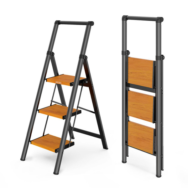 WOA WOA 3 Step Ladder, Ladders for Home, Anti-Slip Pedals, Aluminum Step Stool Foldable, Lightweight to Move, Ease of Storage, Reach 8ft for Closet Kitchen Library, Hold 300lbs - Black&Wood Grain