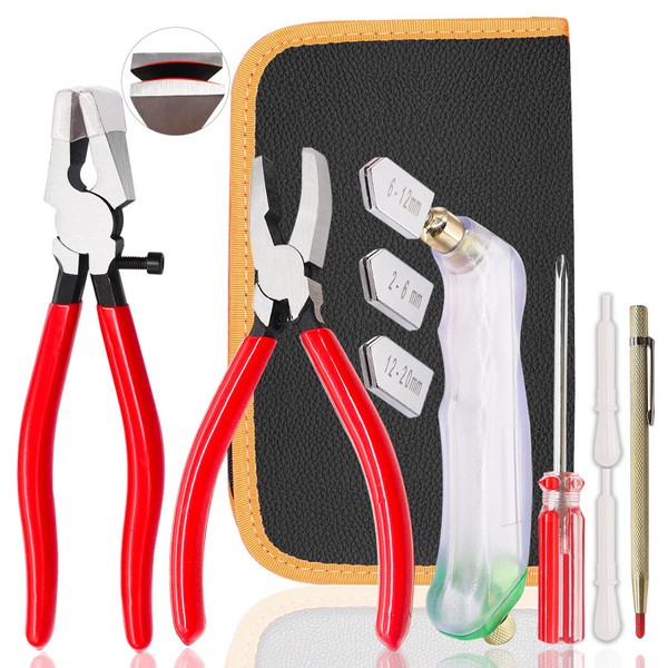 Weideer 10pcs Glass Cutting Tool Kit - Glass Cutter, Running Pliers, Grozer Pliers, Oil Feed, Engraving Pen, Screwdriver