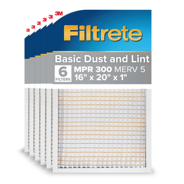 Filtrete 16x20x1 Air Filter MERV 5, 6-Pack AC Furnace Filters for Home HVAC, MPR 300 Basic Dust Defense, Removes Lint & Household Dust, 3-Month Pleated Electrostatic (Actual Size 15.69x19.69x0.81 in)