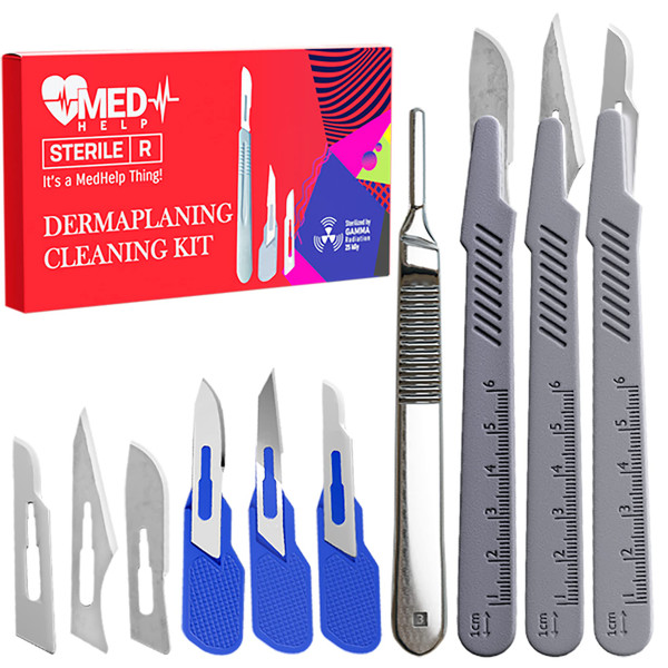MedHelp Dermaplaning Kit Professional - Dermaplane Blades for Esthetician, Disposable Surgical Scalpel Blades #10, #11, #15, Scalpel Handle 3, Scalpel Blade Remover