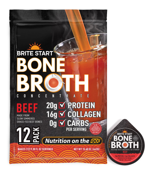 Brite Start Bone Broth - Beef Bone Broth - 12 Count - Keto Friendly Concentrate Packed with 16g Collagen, 20g Paleo Protein -Made from Grass Fed Beef Bones- Single Serve Packets