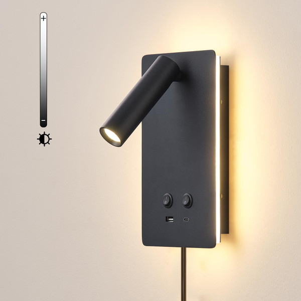 LED Reading Light Wall Mounted Lamp with 3 Brightness Dimmable & USB C+A Ports, Black Bedside Wall Lamps for Bedroom, Wall Sconce with Switch, Bed Lights for Headboard, Hotel, Bunk Bed, Dorm