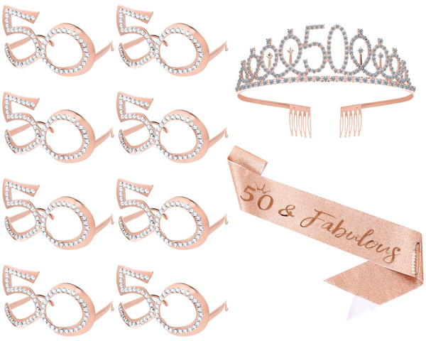 10 Pcs 50th Birthday Decorations for Women Rose Gold 50th Birthday Glitter Glasses Birthday Sash and Tiara 50th Birthday Accessory for Birthday Party 10 Pcs 50th Birthday Decorations for Women Rose Gold 50th Birthday Glitter Glasses Birthday Sash and Tiara 50th Birthday Accessory for Birthday Party