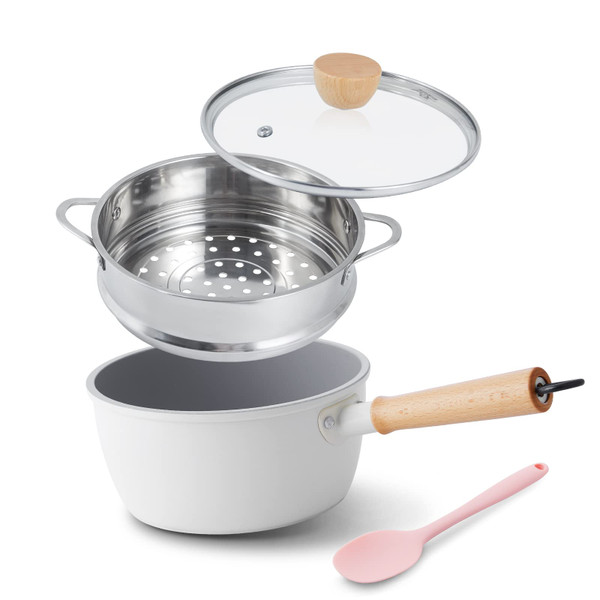 ROCKURWOK Ceramic Nonstick Sauce Pan with Lid, 2 Quart Cooking Pot, Small Saucepan with Steamer, PTFE & PFAS-Free, Wooden Handle for Cool Touch, Universal Base(Gas, Electric & Induction), White