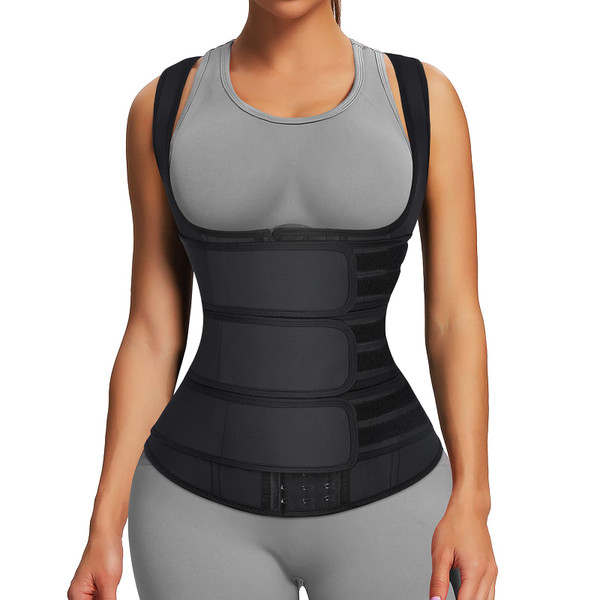 FeelinGirl Waist Trainer Vest for Women Lower Belly Fat Waist Trainer Corset Vest Cincher Latex Colombiana 3 Hooks L A-black