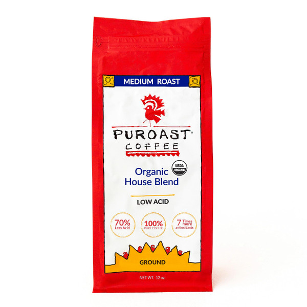 Puroast Low Acid Coffee Ground | Organic House Blend Ground | Medium Roast | High Antioxidants & High pH |No Bitter Aftertaste | Reduced Heartburn & GERD | Suitable for Cold Brew - 12 oz