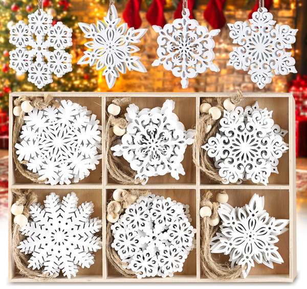 HOUSM 30pcs Wooden Snowflakes Ornaments, White Snowflake Ornaments for Christmas Tree Decorations, Wood DIY Crafts for Hanging Decorations