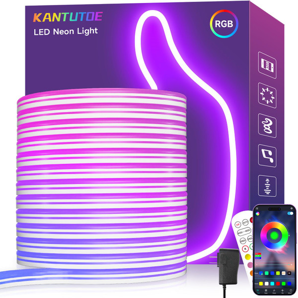 KANTUTOE LED Neon Rope Lights, 32.8ft RGB LED Light Strip, 24V Music Sync App/Remote Control DIY Rope Light, IP67 Waterproof Gaming Neon Strip Lights for Bedroom Indoor Oudoor Décor