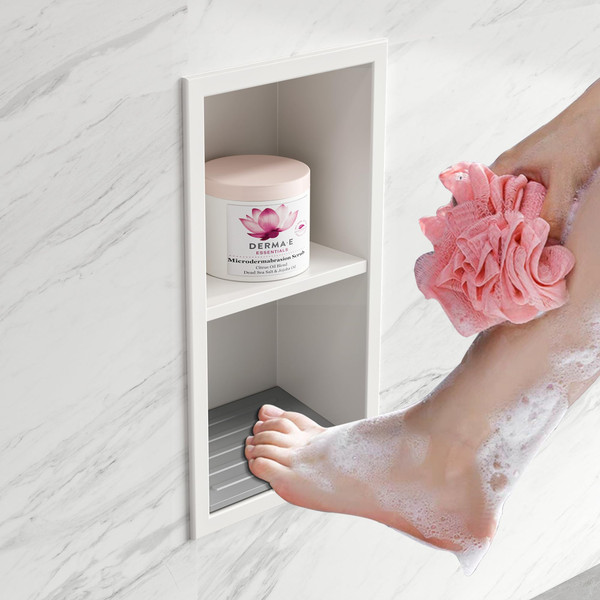 Qeke Shower Foot Rest for Shaving Legs, 304 Stainless Steel Footrest Niche with Shaving Holder, Recessed Shower Niche for Shaving Legs, Matte White, 5.9" X 12.3"