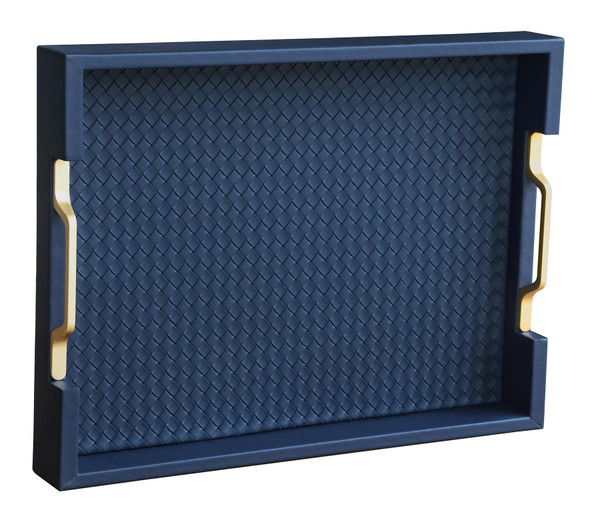 HofferRuffer Faux Leather Rectangle Serving Tray Decor Platter with Gold Metal Handles for Coffee Table, Breakfast, Tea, Food, Countertop, Kitchen, Butler Tray, 16.2 x 12.2 x 2 inches (Navy Blue)