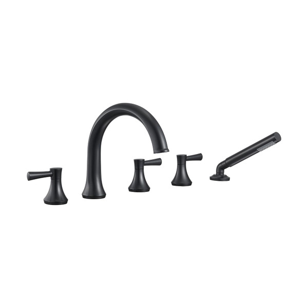 Wowkk Roman Tub Faucet Black 5 Holes Deck Mount Brass Bathtub Filler with Hand Shower for Bathroom