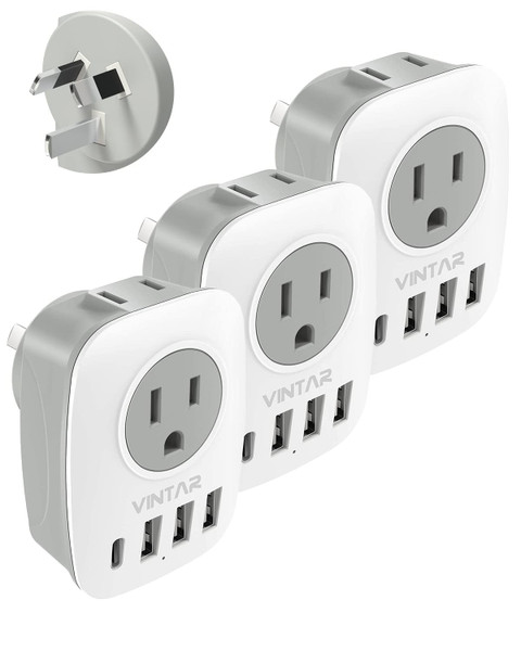 3 Pack Australia New Zealand Power Plug Adapter, VINTAR Australia Travel Adapter with 1 USB C,3 USB Ports and 2 American Outlets, 6 in 1 Type I Plug Adapter for US to Australia, Argentina, China 3 Pack Australia New Zealand Power Plug Adapter, VINTAR Australia Travel Adapter with 1 USB C,3 USB Ports and 2 American Outlets, 6 in 1 Type I Plug Adapter for US to Australia, Argentina, China