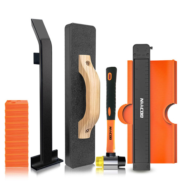NAACOO Laminate/Vinyl Flooring Tools, Heavy Tapping Block for Vinyl Plank Floor, Heavy Pull Bar, 10”Contour Gauge, 40pc Flooring Spacers, Rubber Mallet - 5 in 1 Floor Installation Kit