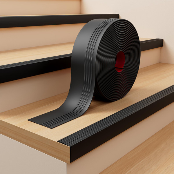 INMOZATA Stair Edge Trim, 20FT Vinyl Anti-Slip Stair Nosing, Waterproof & Self-Adhesive Stair Edge Protector for Indoor & Outdoor Safety, Black