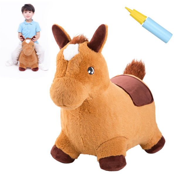 INPANY Bouncy Horse for Toddlers - Plush Brown Bouncing Horse Hopper, Ride on Animal Toys for Girls Boys, Outdoor Indoor Inflatable Horse Gifts - Plush Covered (Include Pump)