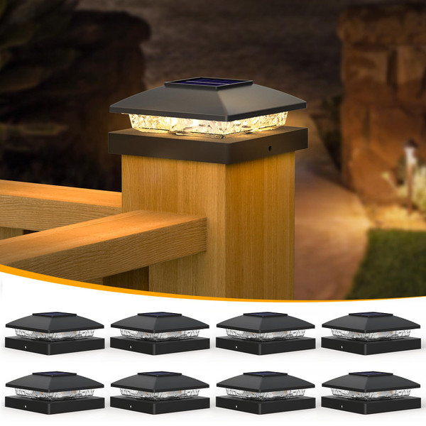 APONUO Solar Post Cap Lights for 4x4 Posts - IP64 Waterproof, 3000K LED, No-Wire Fence Lights & Deck Lights for Patio Garden Yard Patio, Black-Warm White, 8 Pack