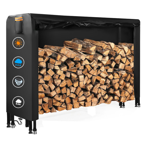 DOCEPERT 8 FT Outdoor Firewood Rack Cover (Log Rack not Included) - Waterproof Zippered Firewood Storage Cover with Openable Front Flap, 420D Oxford Fabric, Fits 96"X24"X49" Wood Racks, Black