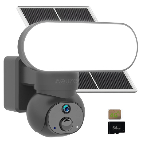 AQUZO Solar Powered 4G Cellular LTE Wireless Floodlight Security Camera, No WiFi Needed Outdoor PTZ Cam, Perfect for Farm, Ranch, Construction Site, Built-in 64GB SD Card