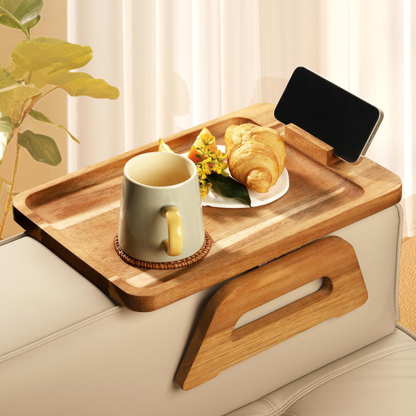 Acacia Wood Sofa Armrest Tray -Sofa Arm Tray Table Clip - Couch Arm Table for Wide Couches - Wooden Side Tables for Small Spaces for Eating and Drink