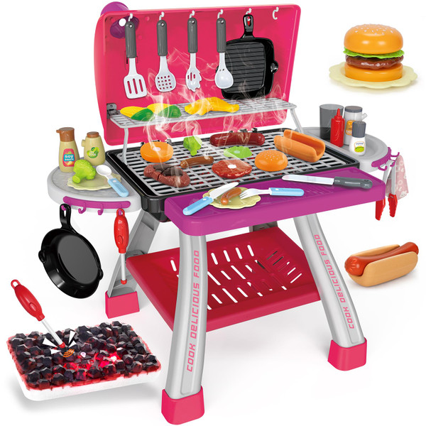 Kids Play Kitchen Toys, Kids BBQ Grill Kitchen Playset with Smoke, Sound & Light, Pink Play Food Toys Cooking Set, 2-Layer Barbecue Outdoor Play Grill Toy Gift for Toddler Girls 3-5, Pink