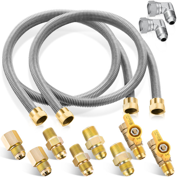 Saillong 2 Pack 48 Inches Gas Hose Connector Universal Gas Appliance Hook Up Kit, with 1/2" On/Off Valve and 4 Couplings for Propane Stove Wall Mounted Heater, Flexible Connector for Propane Heater