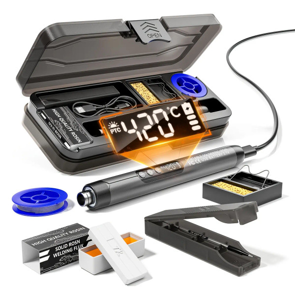 LCD Portable USB Adjustable-Temperature Soldering Iron Gun, Corded Solder Iron, Home DIY Soldering Kit with Storage Box, Electronic Soldering Tool