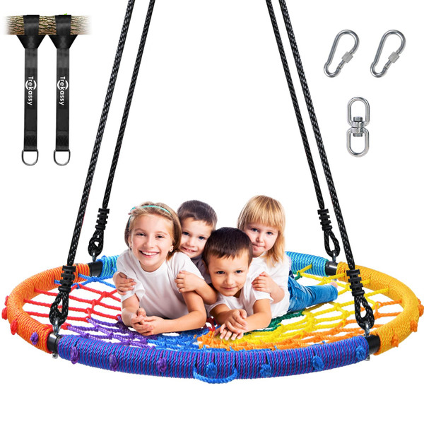 Trekassy 45" 750lbs Spider Web Tree Swing for Kids & Adults, Outdoor Steel Frame Saucer Net Swing with Swivel, Adjustable Ropes + 2 Tree Hanging Straps - Rainbow (Patented)