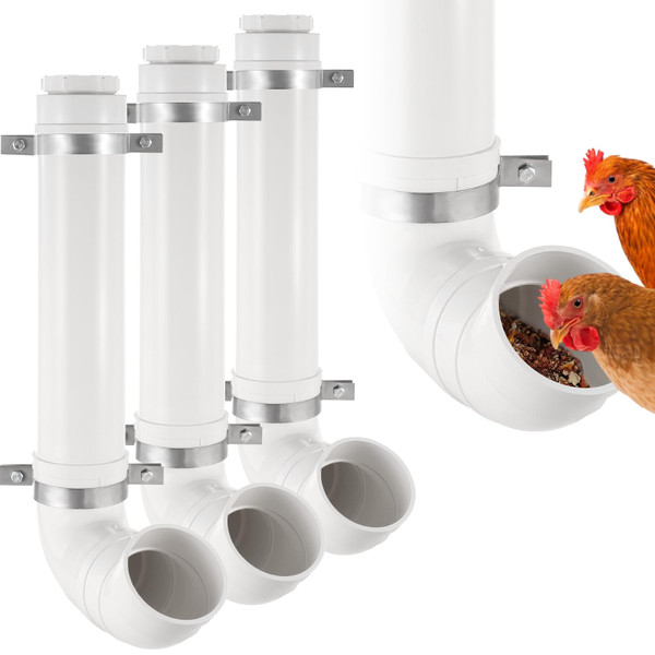 3 Pack Automatic Chicken Feeder No Waste, PVC Pipe Chicken Coop Feeder, Rat Proof Chicken Feeders, with Lid Hanging for Chicken Poultry Feeder