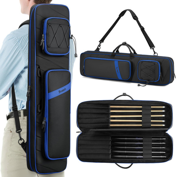 BOSSTIN Pool Cue Case, Pool Stick Bag 5x5 with Multiple Pockets Holds 5 Butts 5 Shafts, Soft Padded Billiard Cue Backpack with Adjustable Shoulder Straps for Easy Carry, Blue