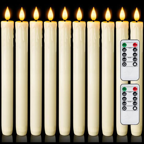 Homemory 12 Pcs Real Wax Flameless Taper Candles with Remote Timer and Dimmer, Battery Operated Candlesticks with Flickering Light, Ivory Window Candles, 9.6 Inches for Wedding Home Decor