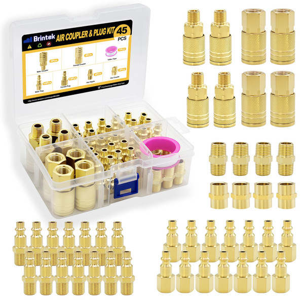 Brintek 45PCS Air Coupler Plug Kit 1/4”NPT Air Tool Fittings Quick Connect Air Hose Fittings Compressor Accessories Connectors