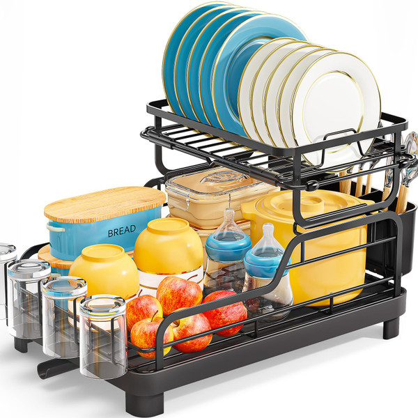 TOOLF Dish Drying Rack,2 Tier Dish Drying Rack with Large Drainboard,Dish Racks for Kitchen Counter and Sink,Stainless Steel Dish Drainers with Cup ＆ Utensil Holders,Black