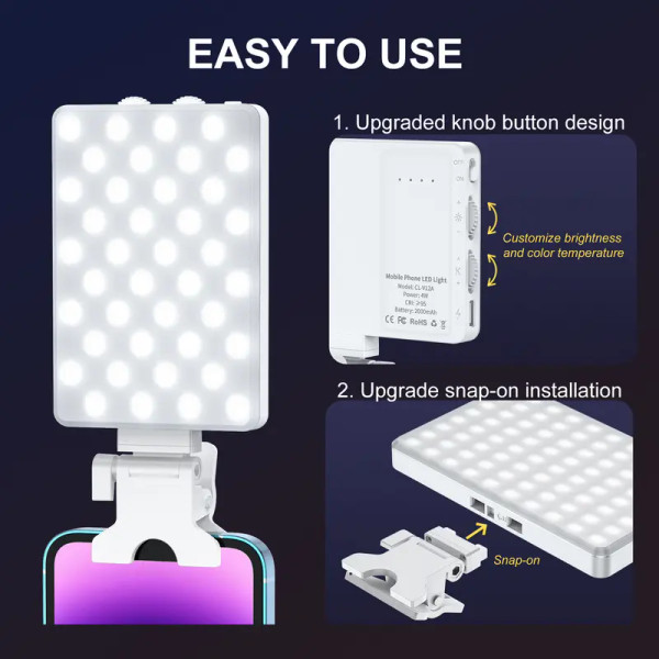 Selfie Light Clip, Adjustable Color Temperature and Brightness Fill Light, 2000mAh Rechargeable Phone Selfie Panel Light for Phone, Laptop, Makeup and Live Streaming