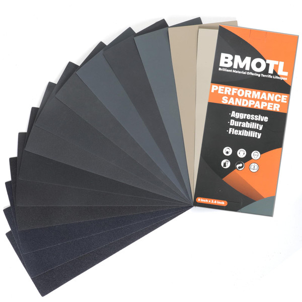 BMOTL Sandpaper Sheets Assortment Pack: 42Pcs Wet Dry 9x3.6 Inch Sand Paper 120-5000 Assorted Grit Fine Coarse Variety for Wood Furniture Finishing Automotive Metal Polishing