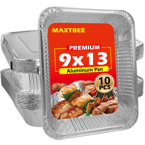 MAXTBEE 9x13 Aluminum Foil Pans with Lid, 10 Pack Disposable Trays Half Size Heavy Duty Tin Pans Deep Food Containers For Cooking, Meal Prep, Baking, Roasting, Chafing, Heating or Steam Table