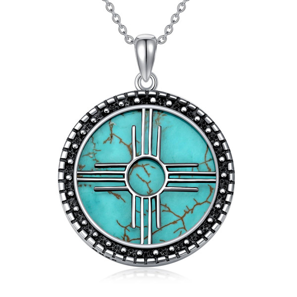 BETHZA Turquoise Zia Sun Symbol Necklace 925 Sterling Silver Genuine Turquoise Gemstone Zia Pendant Vintage New Mexico Jewelry Gifts for Women