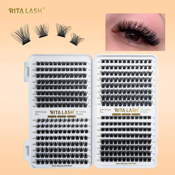 RITALASH 384PCS 4 style Cluster Lashes book Individual Lashes Clusters Eyelash Extensions False Eyelashes DIY False Lash Extension Kit Reusable False Eyelashes Natural Look Mix 10-16mm Makeup