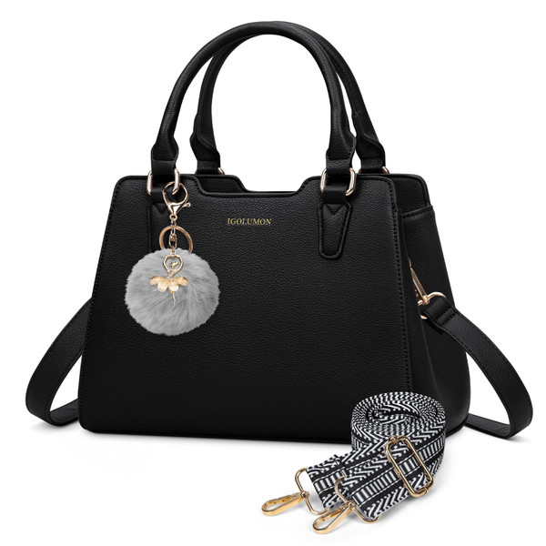 IGOLUMON Women's Top-Handle Handbags Vegan Leather Purses for Women Designer Tote Purse and Handbag with Cute Pompom Satchel Bags for Women Ladies Waterproof Shoulder Bag Crossbody Fashion Black IGOLUMON Women's Top-Handle Handbags Vegan Leather Purses for Women Designer Tote Purse and Handbag with Cute Pompom Satchel Bags for Women Ladies Waterproof Shoulder Bag Crossbody Fashion Black