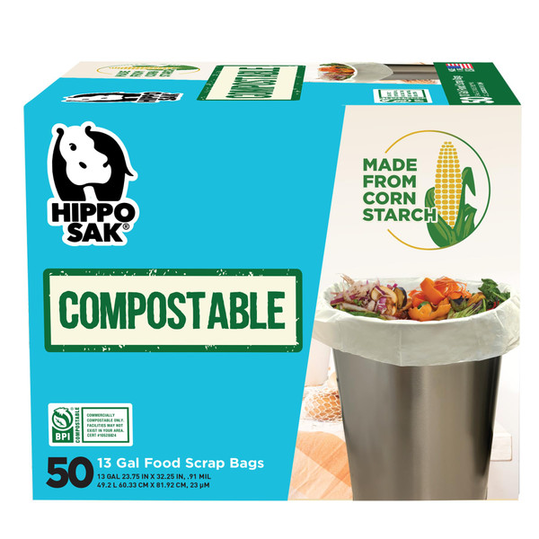 Hippo Sak - 13 Gallon Tall Kitchen Compostable Bags - Leak Proof Bags (50 Count)